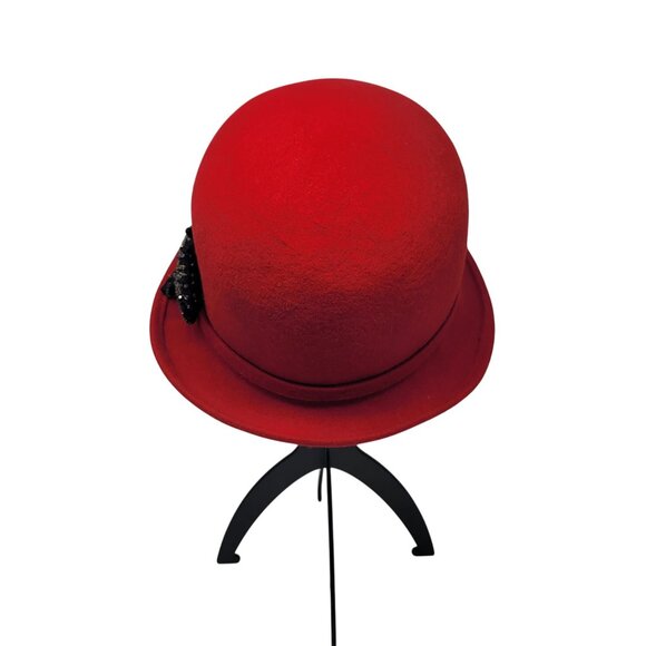 Galliano Sorbatti Red Wool Cloche Hat Italy Black Beaded Bow Flapper Retro - Picture 7 of 10